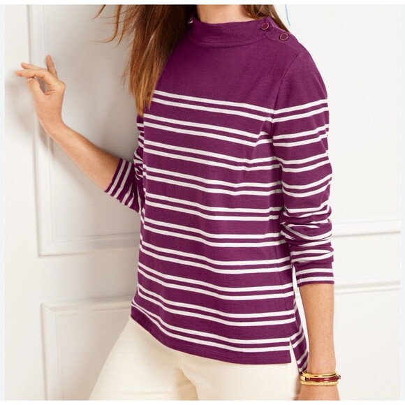 Talbots Petite M Orchid Color & White Stripe Top With Buttons - Picture 1 of 5